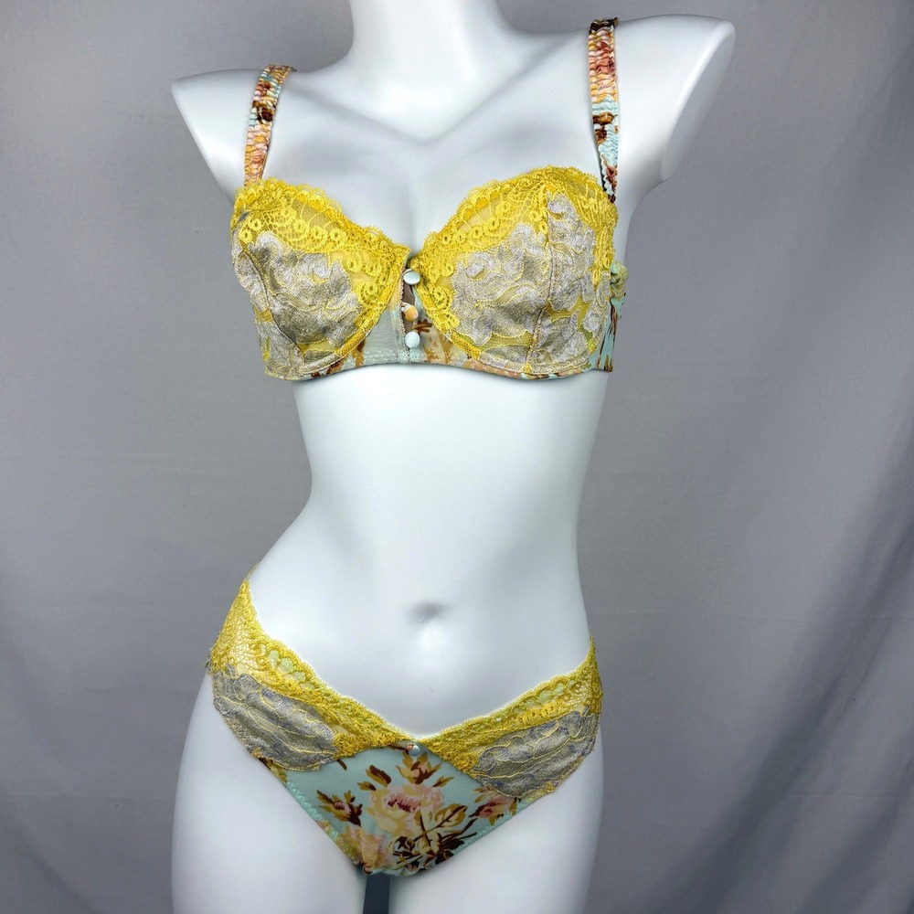 Vintage Aubade Paris Floral Lace Lingerie 3 Piece Set 34D Small French Luxury
